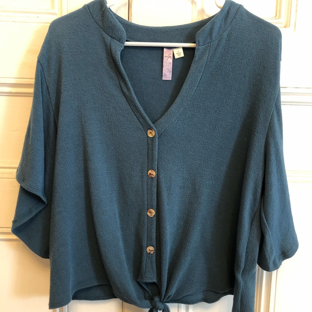 Teal blue button tie front shirt